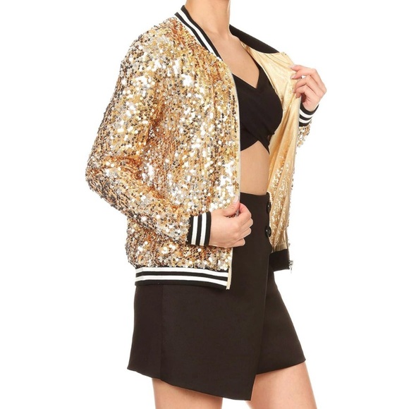 Gold Sequin Bomber Style Jacket | Sporty meets Glam! (XL) - Picture 14 of 16